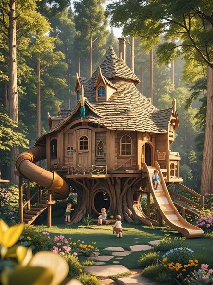 Treehouse With Slide And Swing
